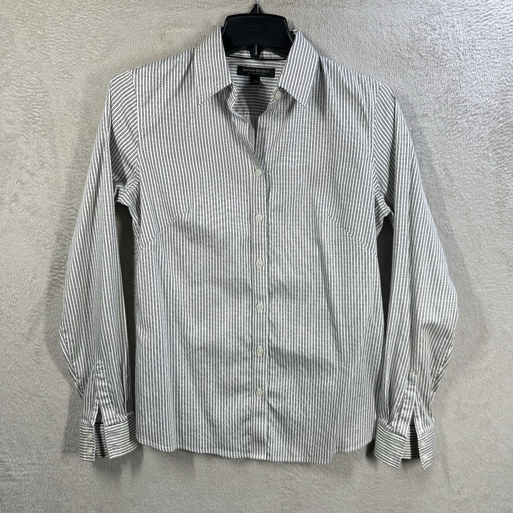 Banana Republic Blouse Non Iron Fitted Women's Size 8 Stretch White Black Office